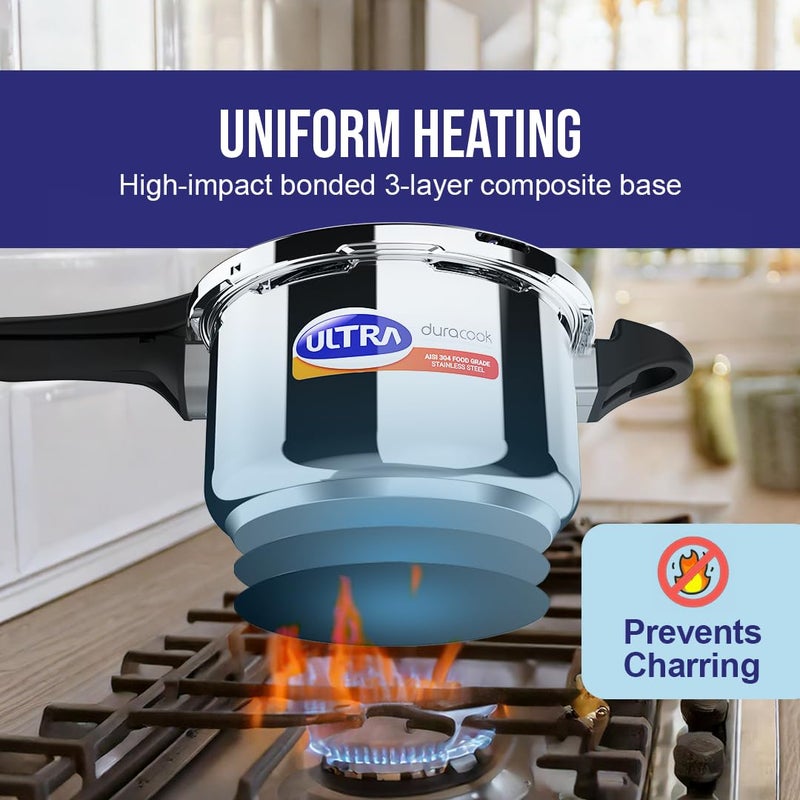 Ultra Duracook Pressure Cooker 4.5 Litre | Aisi 304 Food Grade Stainless Steel Cooker With10 Years Warranty | High Impact 3-Layer Composite Base | Spillage Control | Sturdy Bakelite Handle - Image 3