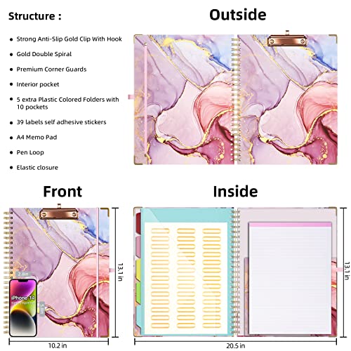 Ospelelf Clipboard with Storage 8.5 X 11，Padfolio Organizer, Spiral Portfolio Letter Size with Notepad, Pen Holder, 5 Extra Folder Divider Pages, Elastic Closure Nurse Office Essentials (Pink Marble) - Image 2