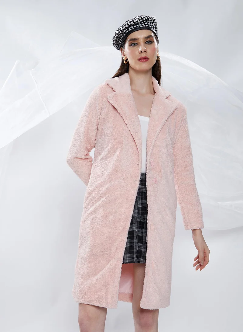 Campus Sutra Women's Baby Pink Single-Breasted Fleece Long Coat