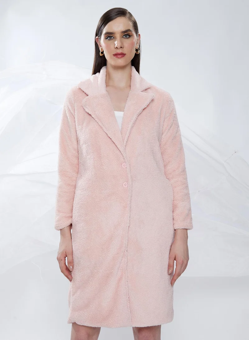 Campus Sutra Women's Baby Pink Single-Breasted Fleece Long Coat