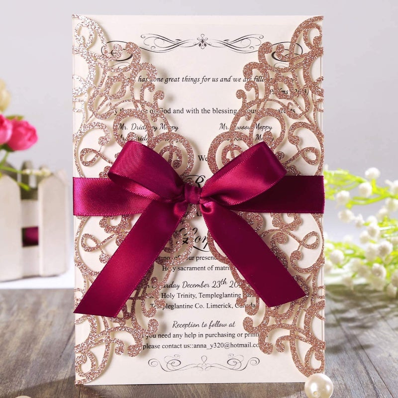 Hosmsua 512 x 73 50PCS Laser Cut Lace Rose Drill Wedding Invitation Cards with Ribbon and Envelopes for Bridal Shower Engagement Birthday Graduation Invite Rose Gold Glitter