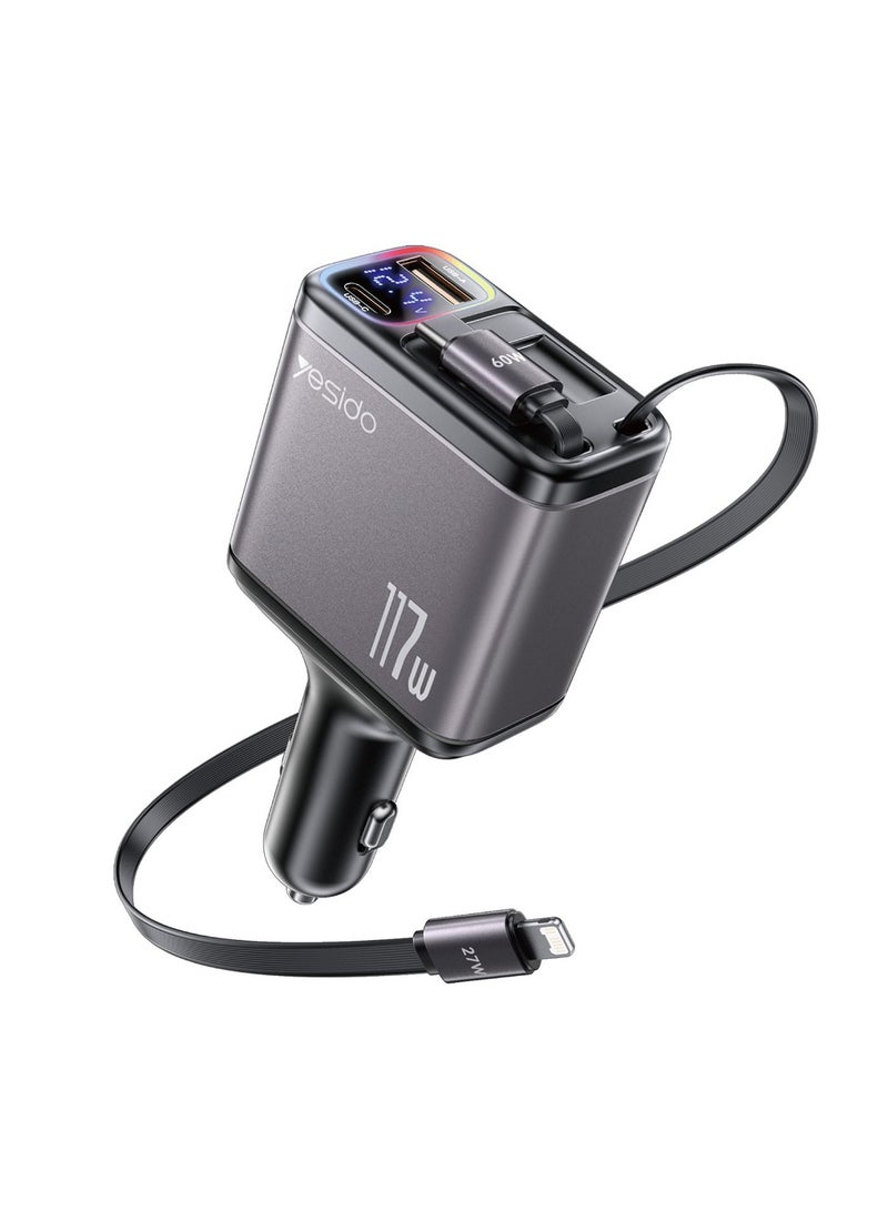 Yesido Y63 4 in 1 117W USB-C / Type-C+USB Multifunctional Retractable Dual Line Digital Display Car Fast Charger (Black) - Image 1