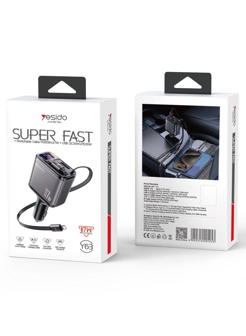 Yesido Y63 4 in 1 117W USB-C / Type-C+USB Multifunctional Retractable Dual Line Digital Display Car Fast Charger (Black) - Image 4