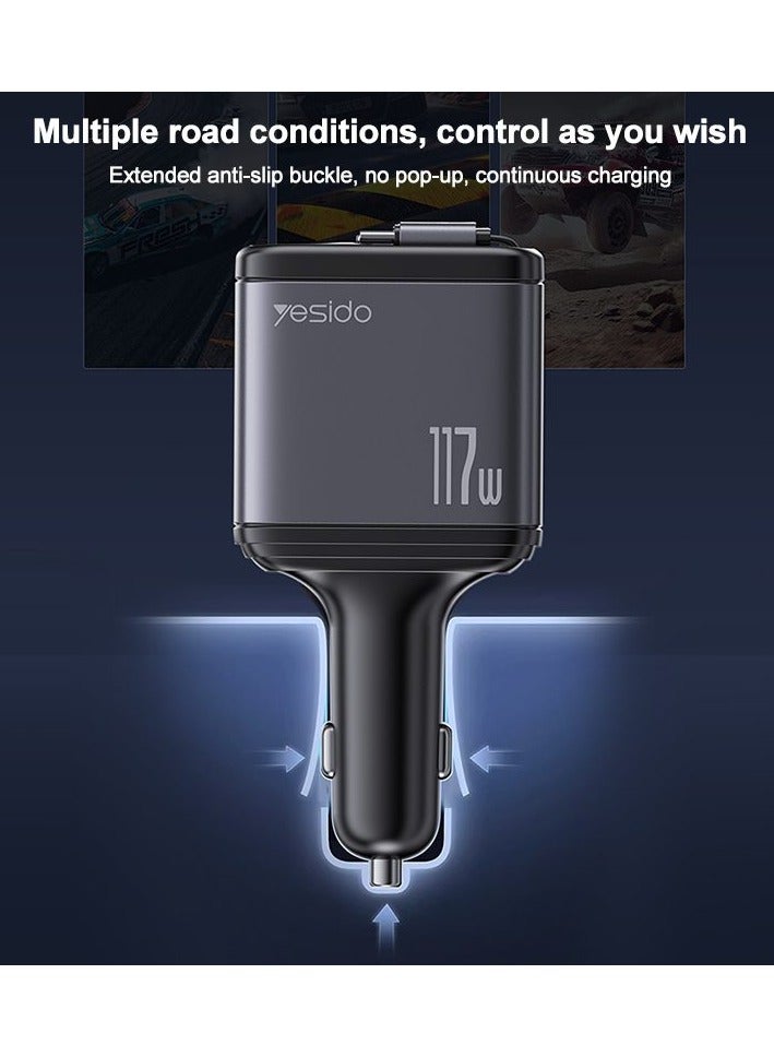 Yesido Y63 4 in 1 117W USB-C / Type-C+USB Multifunctional Retractable Dual Line Digital Display Car Fast Charger (Black) - Image 2