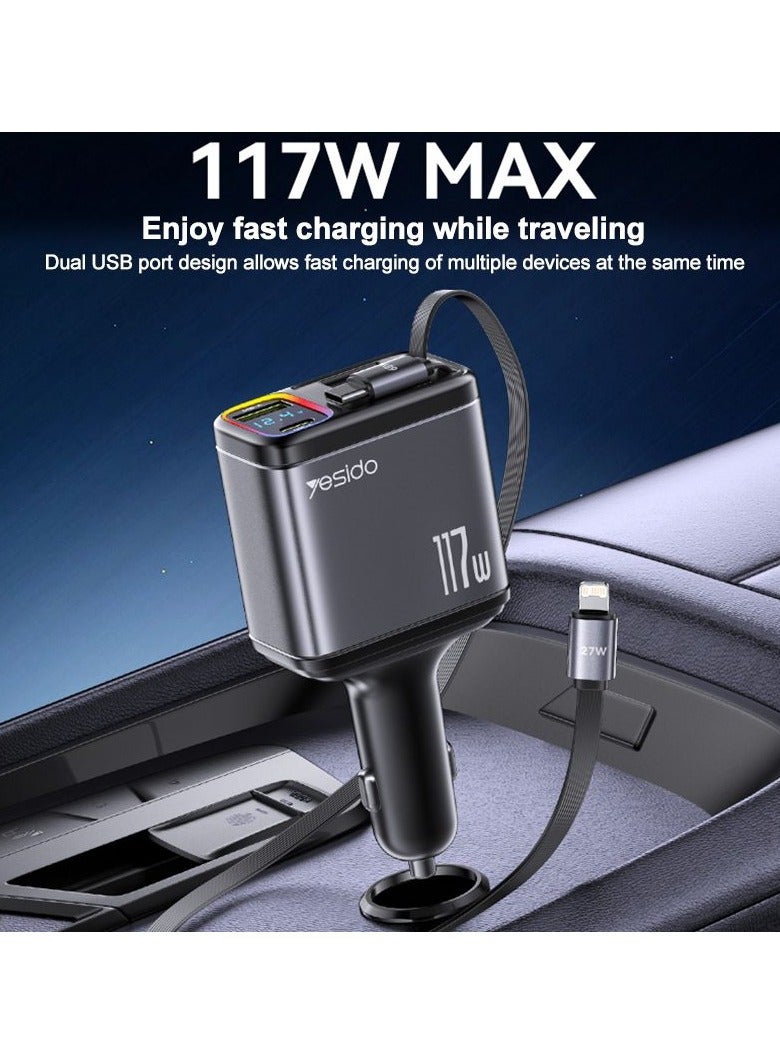 Yesido Y63 4 in 1 117W USB-C / Type-C+USB Multifunctional Retractable Dual Line Digital Display Car Fast Charger (Black) - Image 5