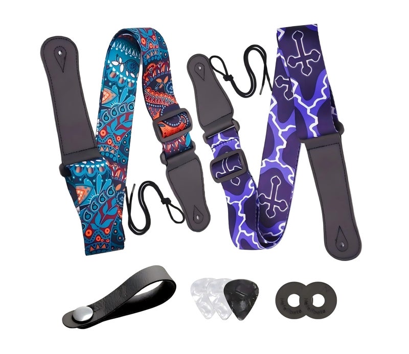 Noneea 2PCS Guitar Straps, Soft Cotton Straps With 3 Pick Holders, Button Headstock Adaptor and Button Block, Set For Electric/Acoustic Guitar - Image 1