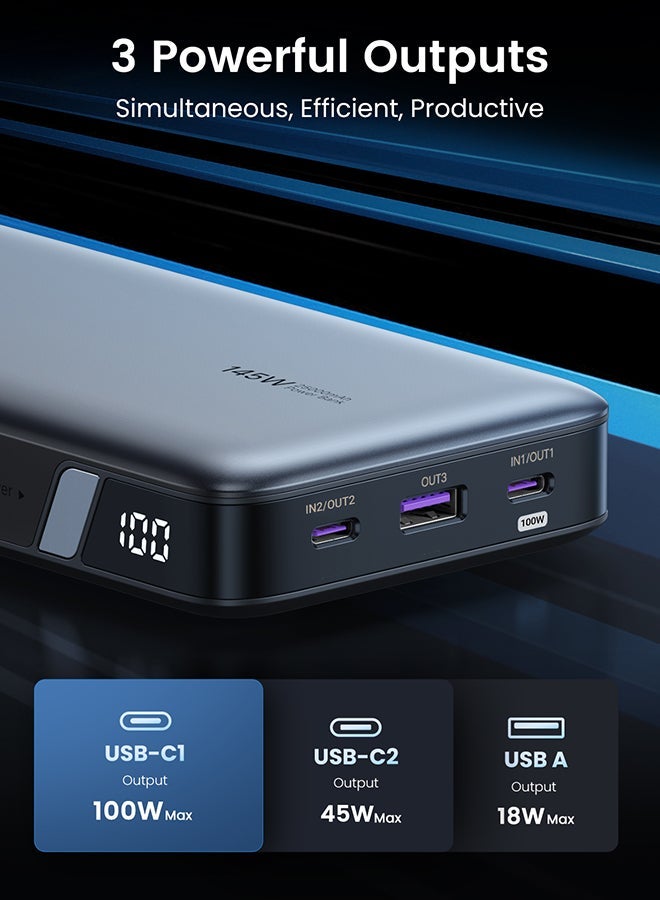 يو جرين شاحن محمول بسعة 25000 مللي أمبير/ساعة وقوة 145 واط مع كابل، مزود بثلاثة منافذ USB-C للشحن السريع، وشاشة عرض رقمية ذكية، متوافق مع أجهزة MacBook Pro/Air، وSamsung S26/S25، وiPhone 17/16، وDell، وDJI Pocket. 25000 mAh 25000mAh 145W - Image 5