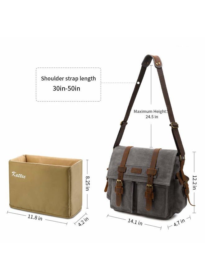 Kattee Leather Canvas Camera Bag Vintage DSLR SLR Messenger Shoulder Bag Dark Gray - Image 3