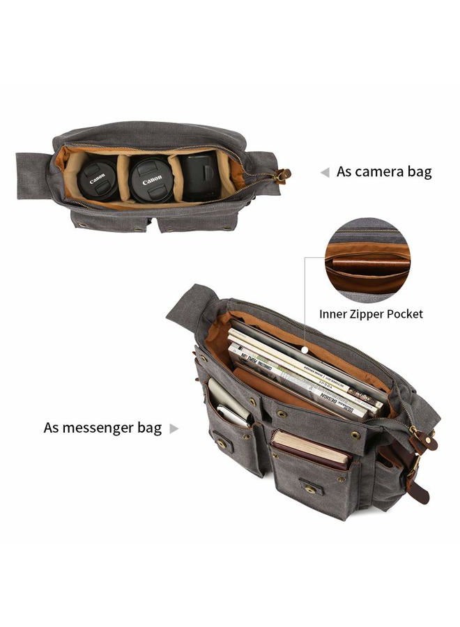 Kattee Leather Canvas Camera Bag Vintage DSLR SLR Messenger Shoulder Bag Dark Gray - Image 4
