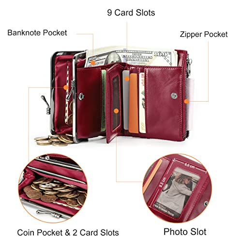CONTACTS Womens Kiss Lock Wallet Leather Small Zipper Coin Purse Red Bifold Rfid Clasp Wallet Card Holder with Photo Window - Image 4