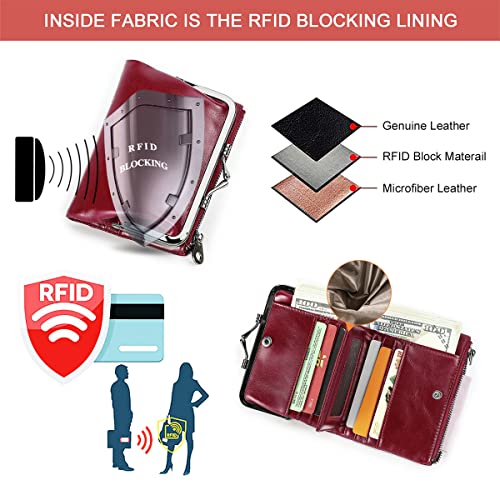 CONTACTS Womens Kiss Lock Wallet Leather Small Zipper Coin Purse Red Bifold Rfid Clasp Wallet Card Holder with Photo Window - Image 3