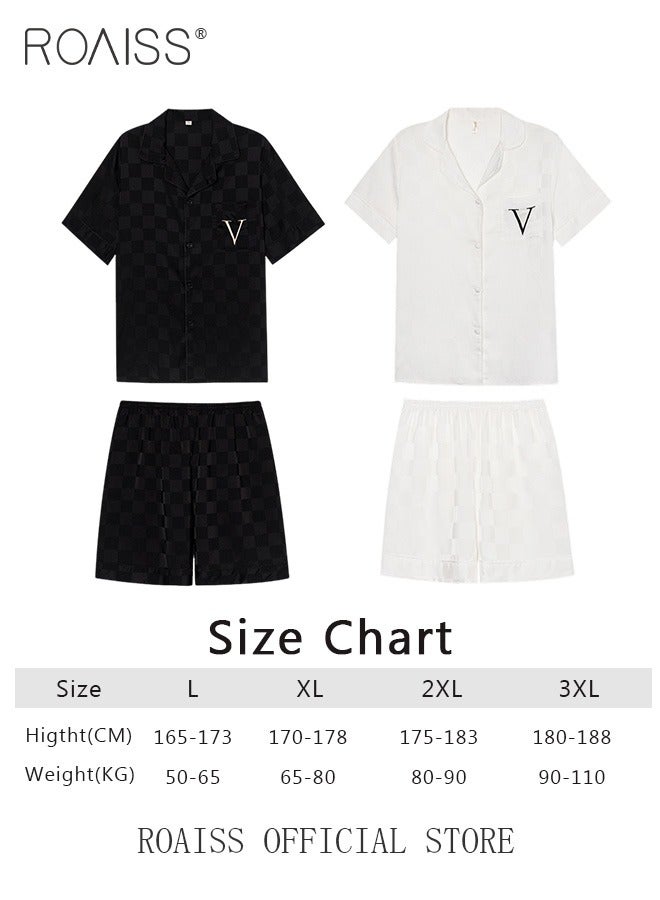 roaiss 2-Piece Set Men's Short Sleeves Pajamas Set Pants Sleepwear Satin Grid Printing Silk Male Loose Shirts Spring Summer Thin Loungewear Home Clothes Black - Image 3