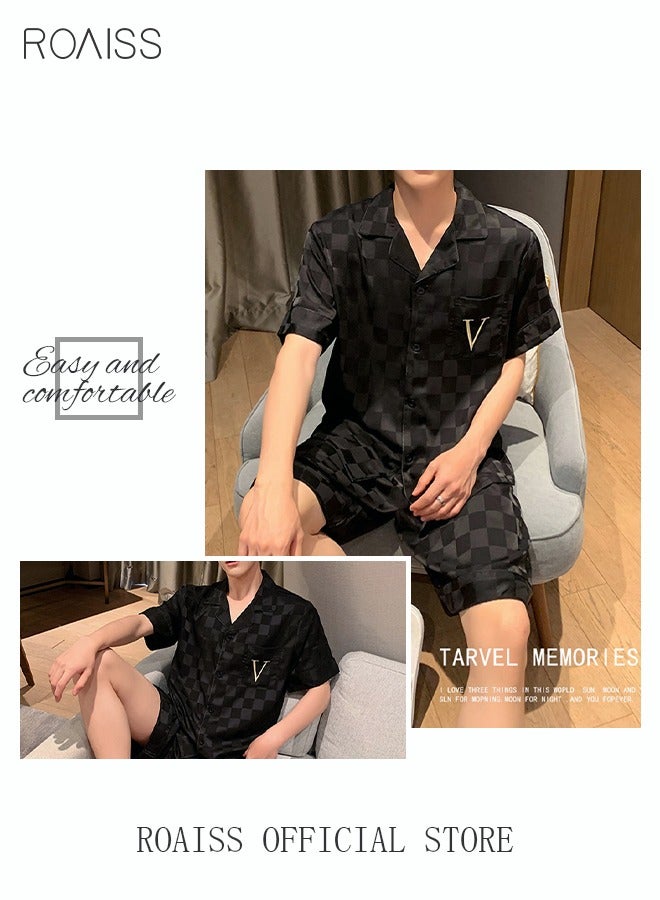 roaiss 2-Piece Set Men's Short Sleeves Pajamas Set Pants Sleepwear Satin Grid Printing Silk Male Loose Shirts Spring Summer Thin Loungewear Home Clothes Black - Image 4