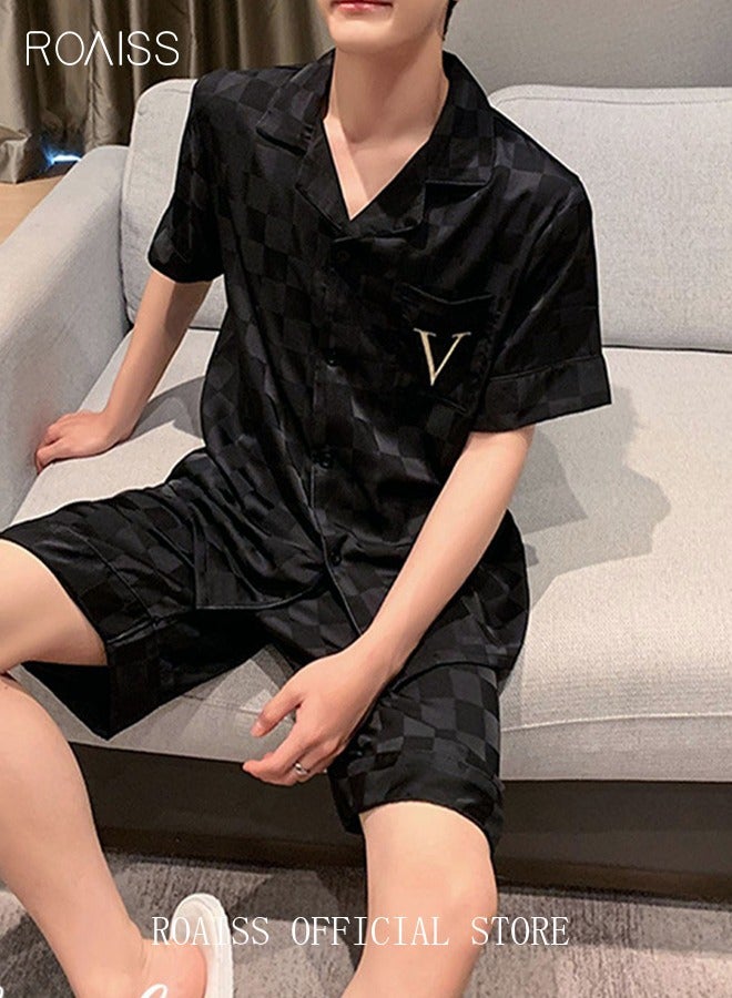 roaiss 2-Piece Set Men's Short Sleeves Pajamas Set Pants Sleepwear Satin Grid Printing Silk Male Loose Shirts Spring Summer Thin Loungewear Home Clothes Black - Image 2
