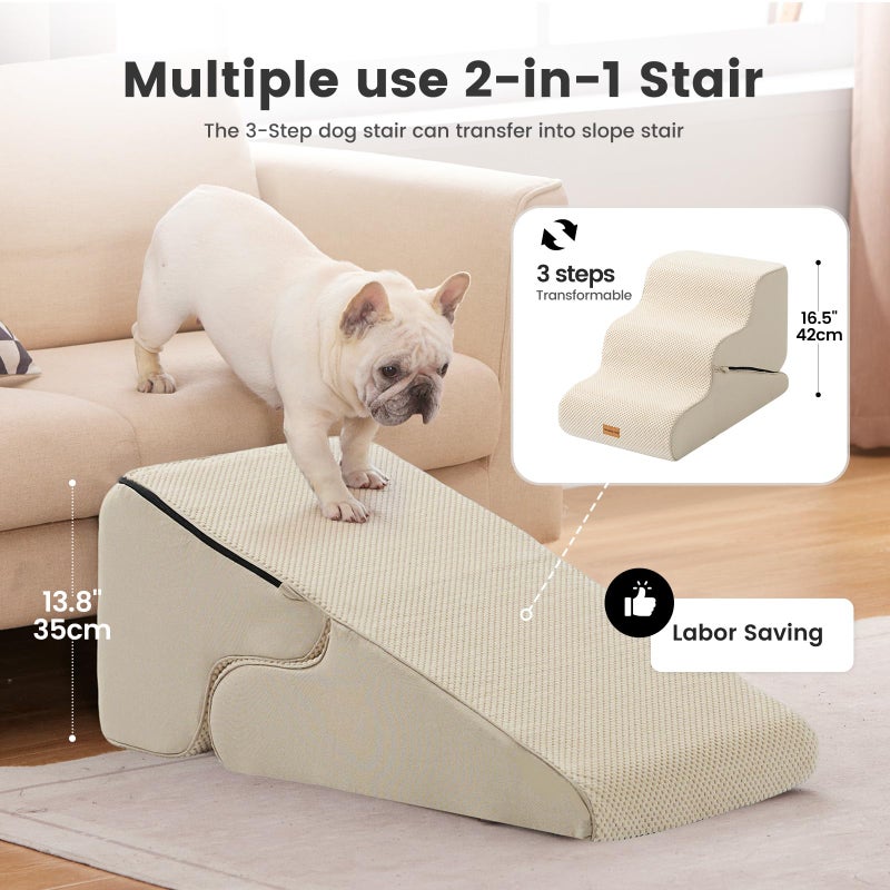 Gardner Pet Dog Stairs for Small Dogs 16.5" H, 2 in 1 Transformable 3-Step Pet Stairs and Dog Ramp for Couch (13-20 in), Beige Adjustable Pet Steps with Non-Slip Waterproof Cover and CertiPUR-US Foam - Image 2