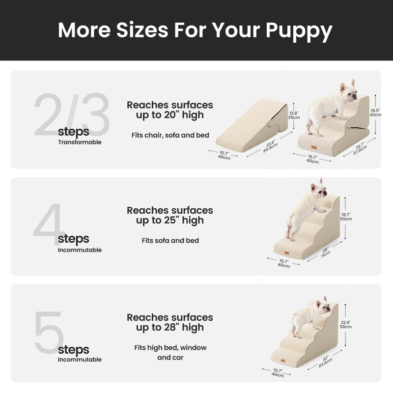 Gardner Pet Dog Stairs for Small Dogs 16.5" H, 2 in 1 Transformable 3-Step Pet Stairs and Dog Ramp for Couch (13-20 in), Beige Adjustable Pet Steps with Non-Slip Waterproof Cover and CertiPUR-US Foam - Image 3