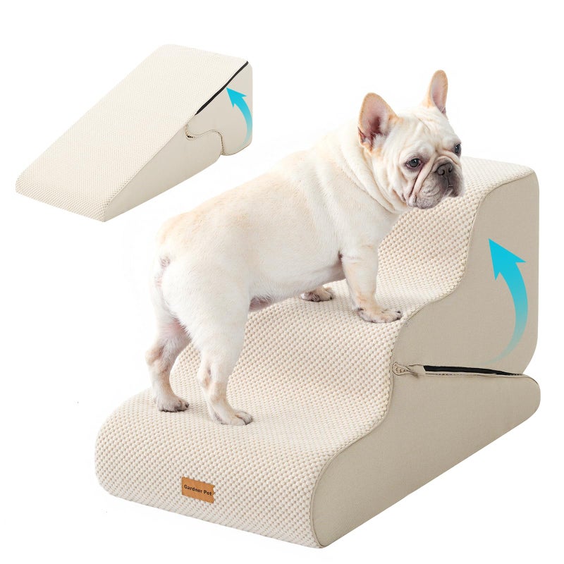 Gardner Pet Dog Stairs for Small Dogs 16.5" H, 2 in 1 Transformable 3-Step Pet Stairs and Dog Ramp for Couch (13-20 in), Beige Adjustable Pet Steps with Non-Slip Waterproof Cover and CertiPUR-US Foam - Image 1