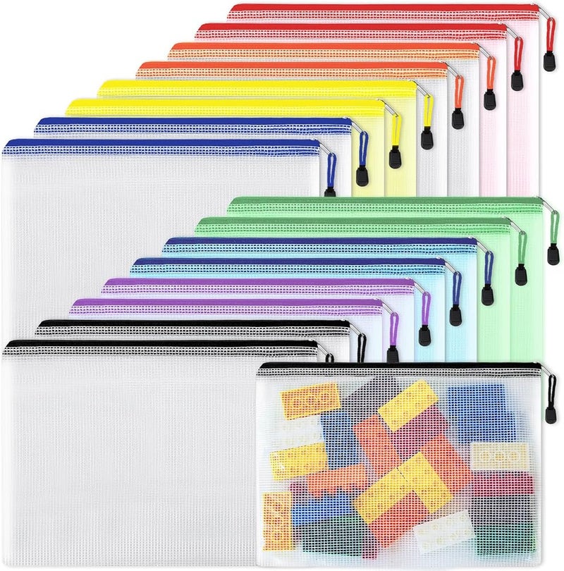 EOOUT 16pcs Mesh Zipper Pouch Document Bag Zip File Folders, Letter Size/A4 Size, for Office Supplies, Travel Storage Bags, 8 Colors - Image 1