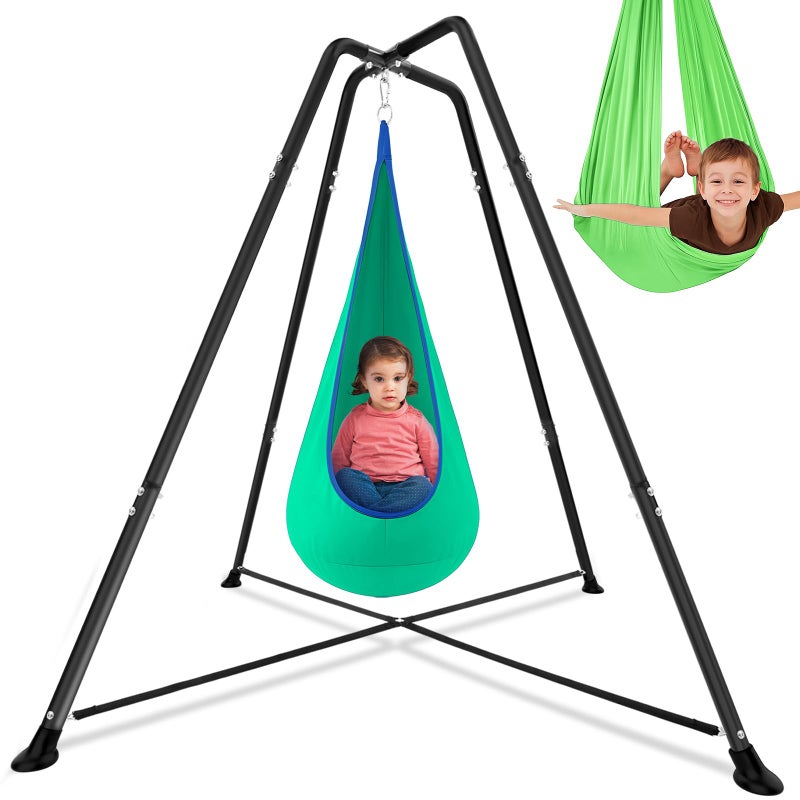 Lingvee Swing Stand Frame with Sensory Pod Chair and Swings Set Kid Heavy-Duty Metal Swing Frame Hammock Chair Stand Tree Saucer Sensory Round for Kids Adult Indoor Outdoor Backyard Park(Grass Green) - Image 1