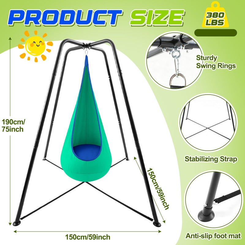 Lingvee Swing Stand Frame with Sensory Pod Chair and Swings Set Kid Heavy-Duty Metal Swing Frame Hammock Chair Stand Tree Saucer Sensory Round for Kids Adult Indoor Outdoor Backyard Park(Grass Green) - Image 2