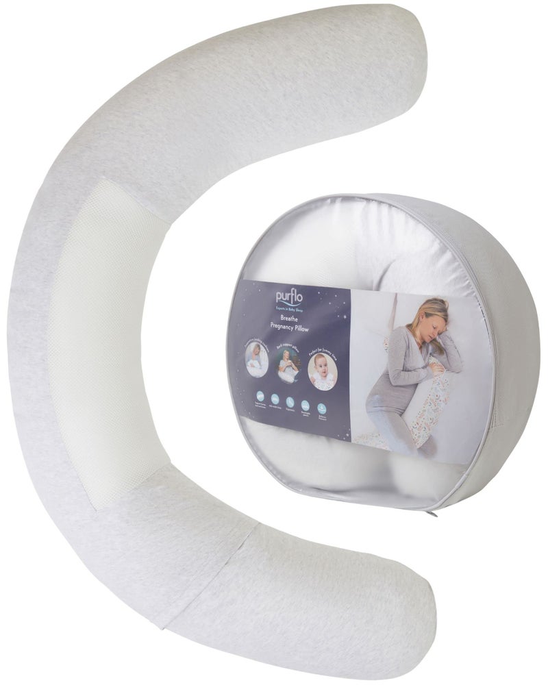PurFlo Breathe Pregnancy Pillow  Revolutionary Fully Breathable Maternity Pillow With Luxurious Soft Jersey Cover  Use as Body Pillow Leg Pillow Nursing Pillow  Tummy Time Pillow  Minimal Grey