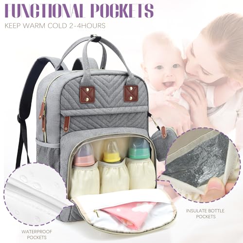 Tuwubi Diaper Bag Backpack, Baby Essentials Travel Tote Bag, Multi function Waterproof Backpacks, Travel Essentials with Stroller Straps & Pacifier Case - Grey - Image 3