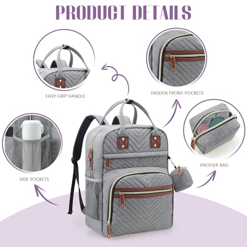 Tuwubi Diaper Bag Backpack, Baby Essentials Travel Tote Bag, Multi function Waterproof Backpacks, Travel Essentials with Stroller Straps & Pacifier Case - Grey - Image 4