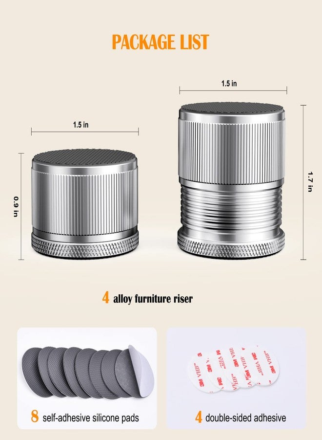 زونير رافعات أثاث قابلة للتعديل بقياس بوصة واحدة، عبوة من 4 قطع من رافعات أرجل الطاولات المعدنية بمقاس 0.9 بوصة إلى 1.7 بوصة، مع قاعدة مانعة للانزلاق ووسادة سيليكون للطاولات ورفوف الكتب، مقاس صغير (فضي - 4 قطع) - Image 2