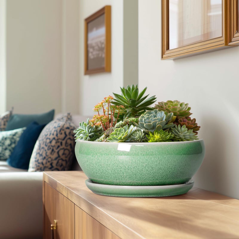 SQOWL Succulent Planter 12 Inch - Ceramic Bonsai Pots with Drainage Hole and Saucer, Large Shallow Planter, Bowl Round Planter for Indoor Outdoor Plants Flower, Room Decor, Birthday Gifts, Green - Image 3