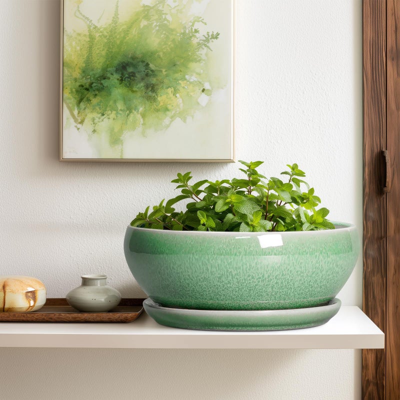 SQOWL Succulent Planter 12 Inch - Ceramic Bonsai Pots with Drainage Hole and Saucer, Large Shallow Planter, Bowl Round Planter for Indoor Outdoor Plants Flower, Room Decor, Birthday Gifts, Green - Image 5