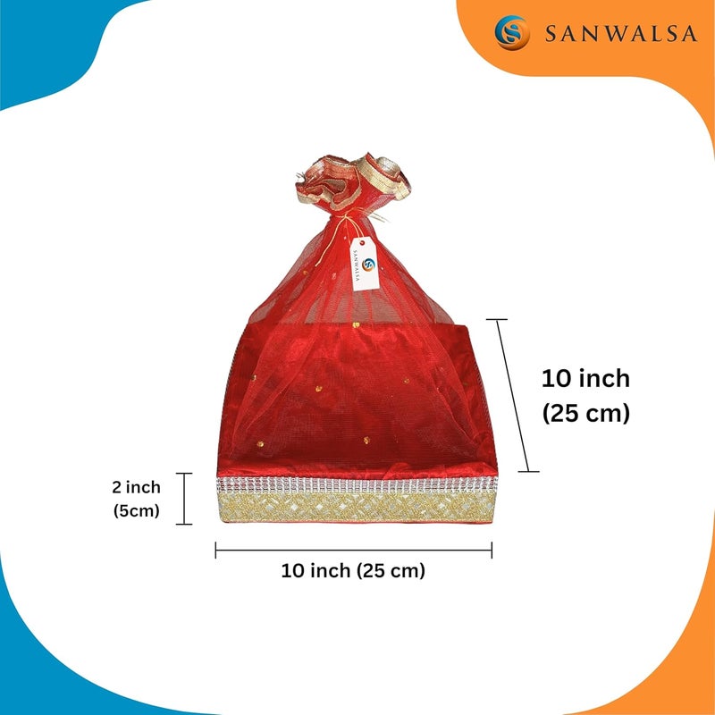 SANWALSA (Medium, 10x10x2 inch, Square, Red-Stone Lace) MDF Base Designer Gift Hamper Packaging Baskets with Net Cover, Gift Hamper Organiser Perfect for Any Occasion - Image 2