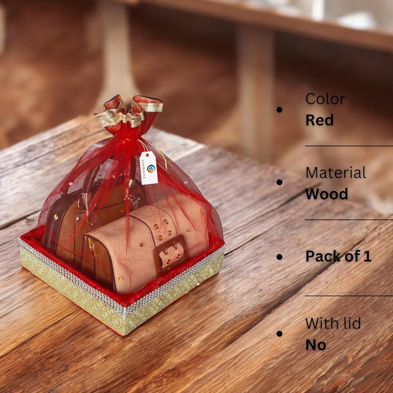 SANWALSA (Medium, 10x10x2 inch, Square, Red-Stone Lace) MDF Base Designer Gift Hamper Packaging Baskets with Net Cover, Gift Hamper Organiser Perfect for Any Occasion - Image 3