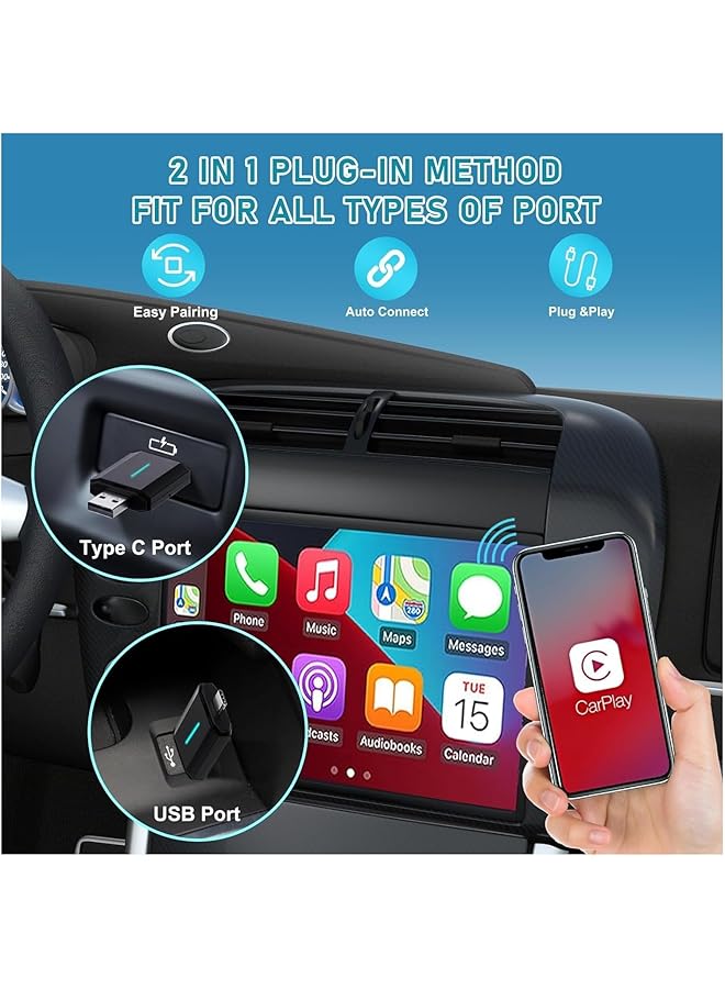 KASTWAVE Wireless Carplay Adapter For Iphone - 2 In 1 Usb & Usb-C, Seamless Oem Wired To Wireless Conversion, No Latency, Compatible With 2015+ Cars & Ios 10+ - Image 3