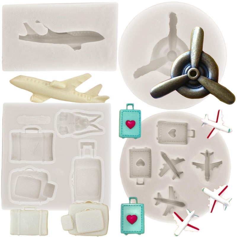 MINFEIDMS Airplane Silicone Mold Airplane Propeller Fondant Molds For Travel Luggage Bag Cake Decorating Cupcake Topper Chocolate Gum Paste Polymer Clay Set Of 4
