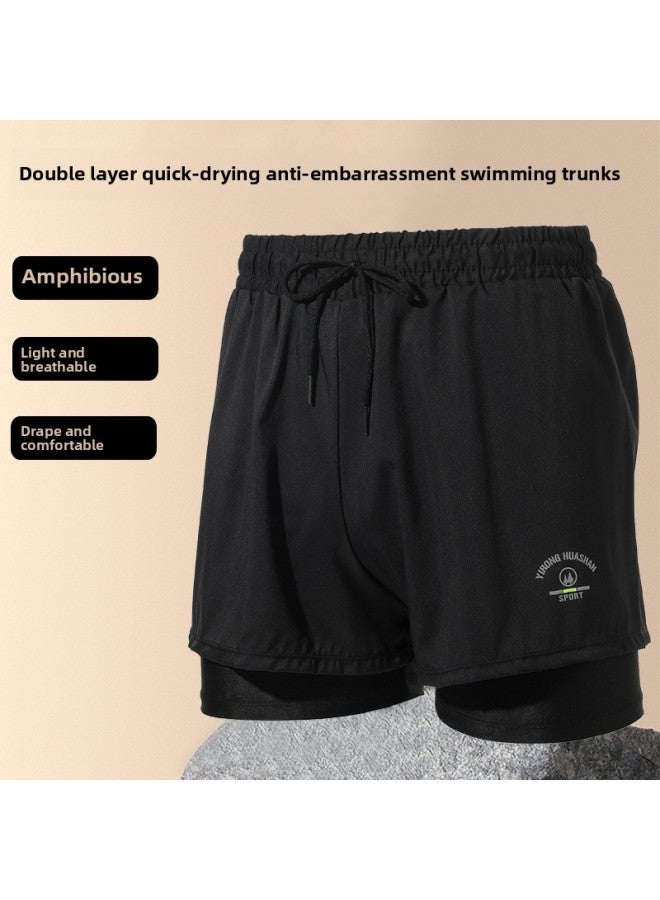 Loquat Loose Fashion Swimming Trunks Men's Double-layer Anti-embarrassment Professional Five-point Quick-drying Swimsuit Sports Beach Swimming Equipment-Color:Black 717- - Image 1
