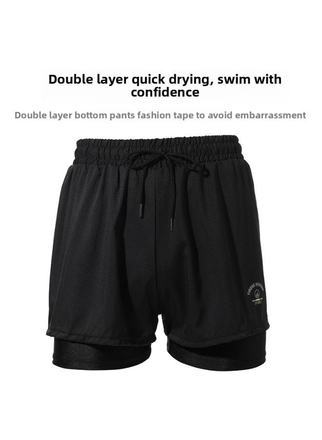 Loquat Loose Fashion Swimming Trunks Men's Double-layer Anti-embarrassment Professional Five-point Quick-drying Swimsuit Sports Beach Swimming Equipment-Color:Black 717- - Image 4