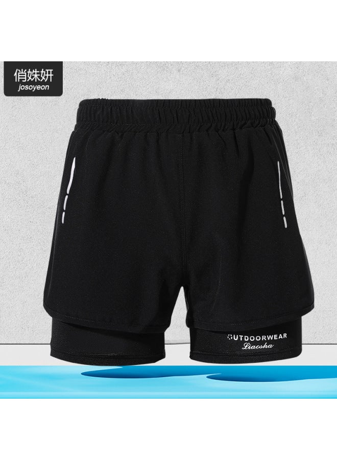 Loquat Loose Fashion Swimming Trunks Men's Double-layer Anti-embarrassment Professional Five-point Quick-drying Swimsuit Sports Beach Swimming Equipment-Color:Black 717- - Image 3