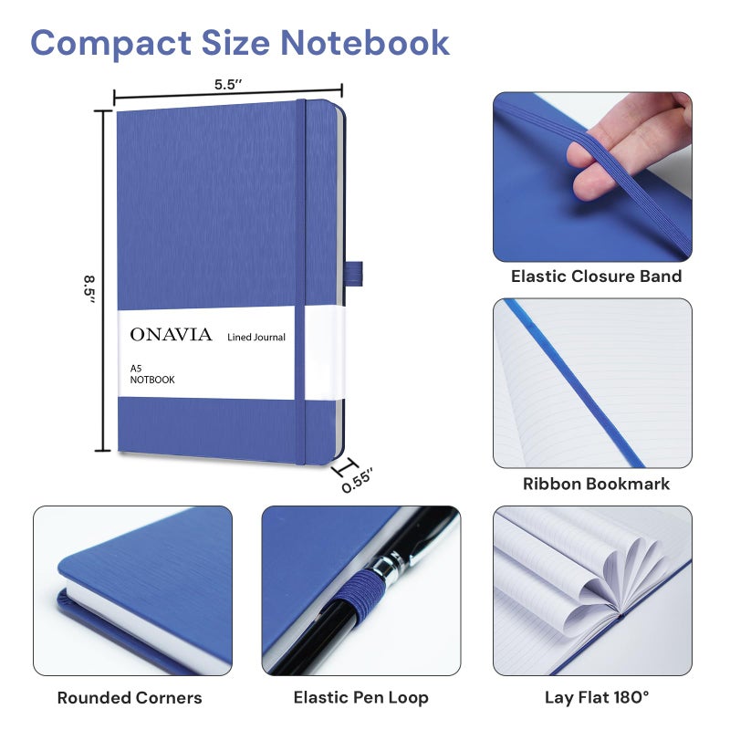 ONAVIA A5 Lined Journal Notebook, 7mm College Ruled Notepad, Journaling for Writing, Work, School, Travel and Note Taking, Hardcover 160 Pages (80 Sheets) 5.79 x 8.3 inches, 3 Pack (Black+Red+Blue) - Image 2