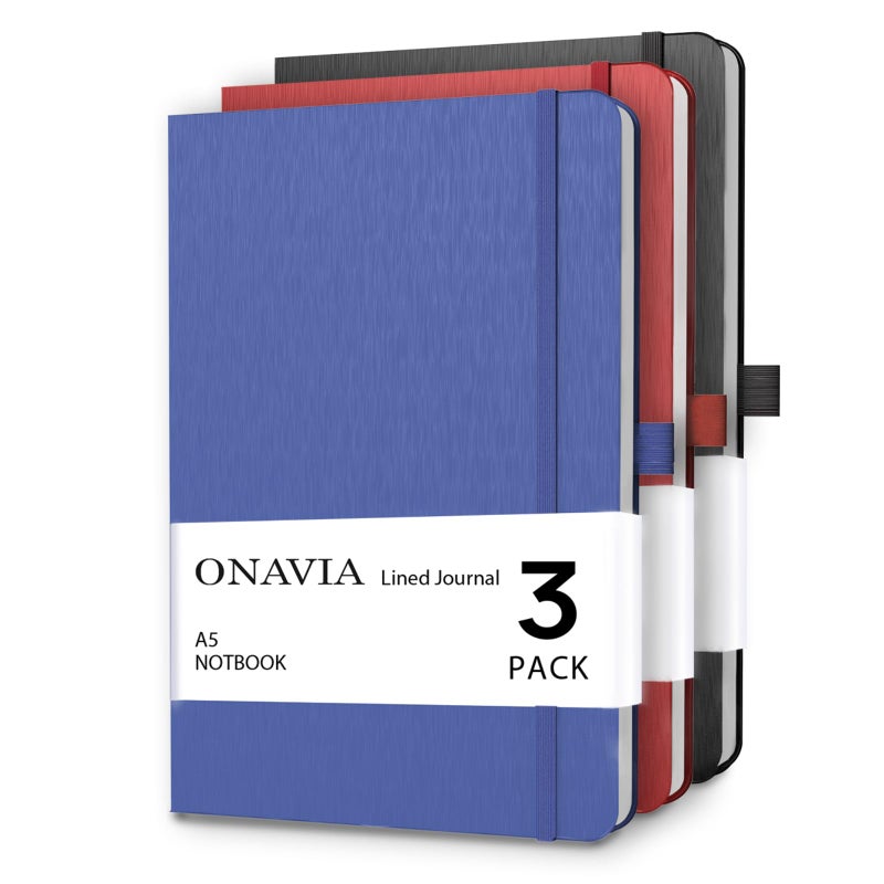 ONAVIA A5 Lined Journal Notebook, 7mm College Ruled Notepad, Journaling for Writing, Work, School, Travel and Note Taking, Hardcover 160 Pages (80 Sheets) 5.79 x 8.3 inches, 3 Pack (Black+Red+Blue) - Image 1