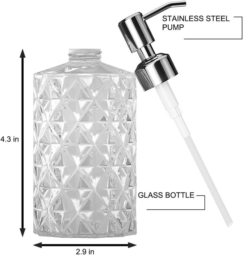 GLADPURE Soap Dispenser - 2 Pack, 12 Oz Clear Diamond Design Glass Refillable Hand Soap Dispensers; with 304 Rust Proof Stainless Steel Pump, Lotion Dispensers for Kitchen, Bathroom - Image 2