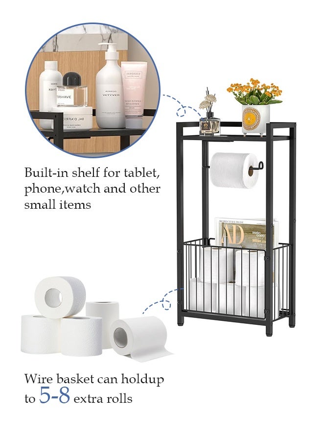 فورثكان حامل مناديل الحمام المعدني مع رف تخزين علوي وحامل ورق تواليت، منظم أرضي أسود للحمام مع مساحة لتخزين المناديل والمجلات - Image 5