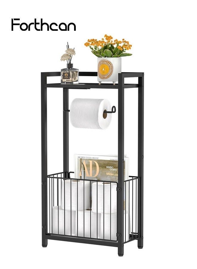 فورثكان حامل مناديل الحمام المعدني مع رف تخزين علوي وحامل ورق تواليت، منظم أرضي أسود للحمام مع مساحة لتخزين المناديل والمجلات - Image 3