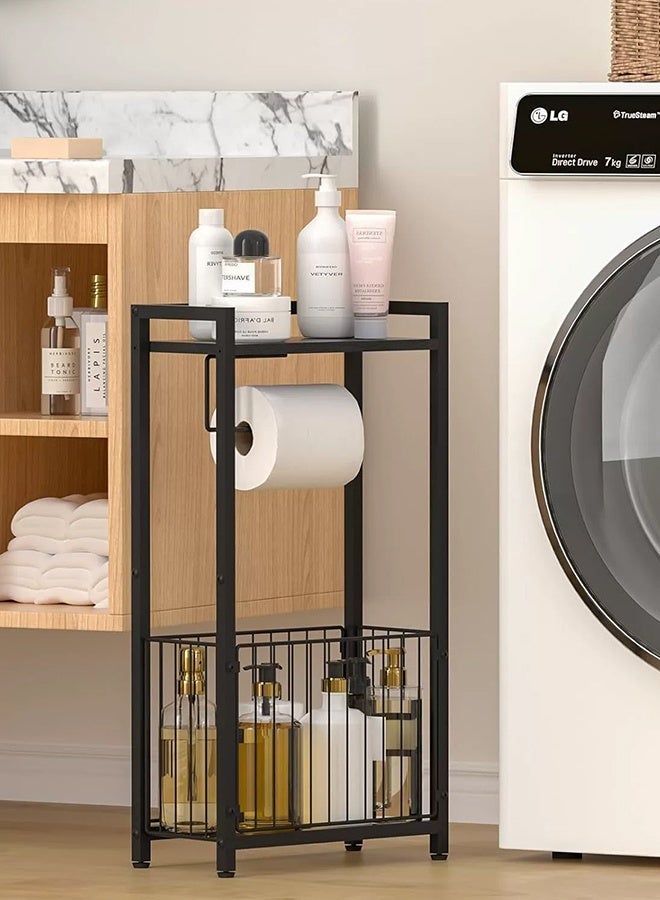 فورثكان حامل مناديل الحمام المعدني مع رف تخزين علوي وحامل ورق تواليت، منظم أرضي أسود للحمام مع مساحة لتخزين المناديل والمجلات - Image 1