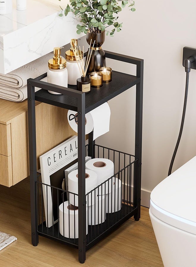فورثكان حامل مناديل الحمام المعدني مع رف تخزين علوي وحامل ورق تواليت، منظم أرضي أسود للحمام مع مساحة لتخزين المناديل والمجلات - Image 2