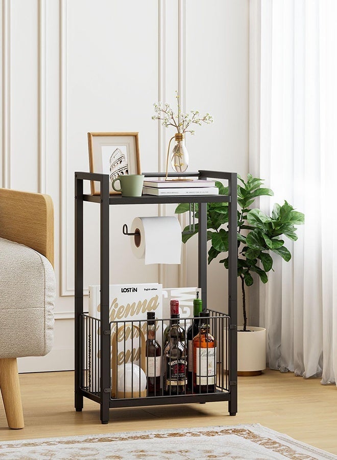 فورثكان حامل مناديل الحمام المعدني مع رف تخزين علوي وحامل ورق تواليت، منظم أرضي أسود للحمام مع مساحة لتخزين المناديل والمجلات - Image 4