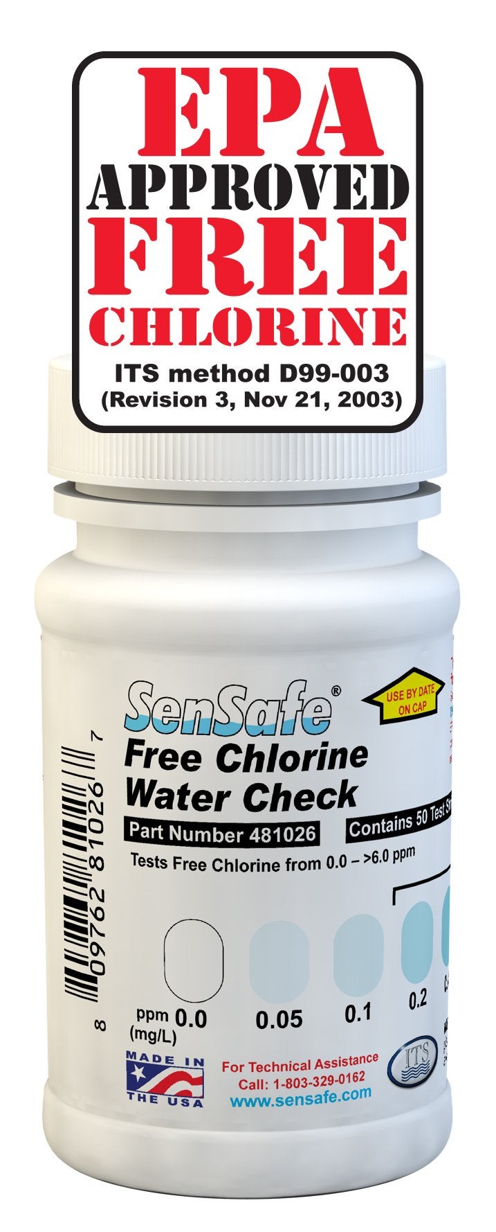 Industrial Test Systems SenSafe 481026 Free Chlorine Test Strip | USEPA Approved Method D99-003 | 0-6ppm | 0.05ppm Detection | No Bleach-Out | Bottle of 50 | Drinking Water, Food Service, Restaurant - Image 1