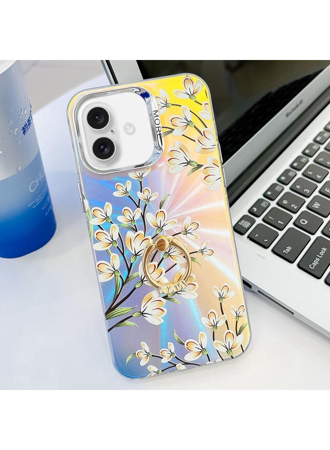 S-TOP Case For iPhone 16 Electroplating Laser Flower Ring Holder TPU Phone Case - Image 1