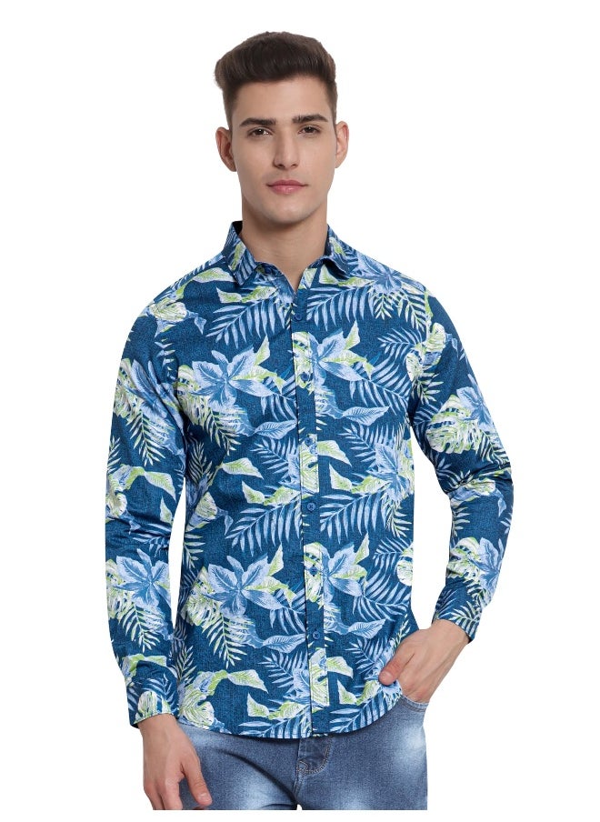 Beyoung - Long Sleeve Blue Floral Printed Shirts for Men - Image 1