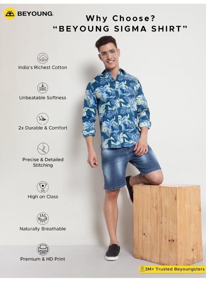 Beyoung - Long Sleeve Blue Floral Printed Shirts for Men - Image 1