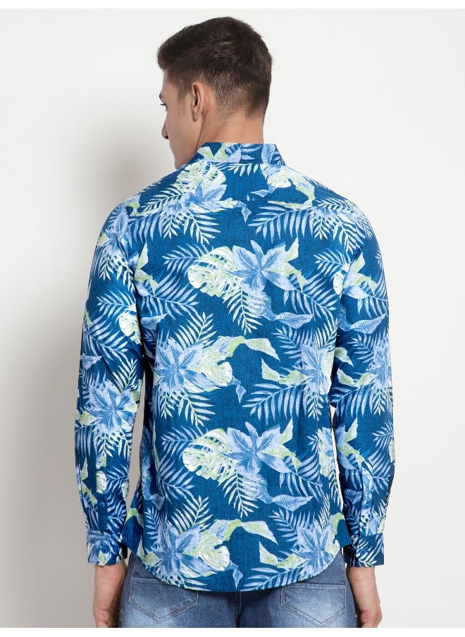 Beyoung - Long Sleeve Blue Floral Printed Shirts for Men - Image 1